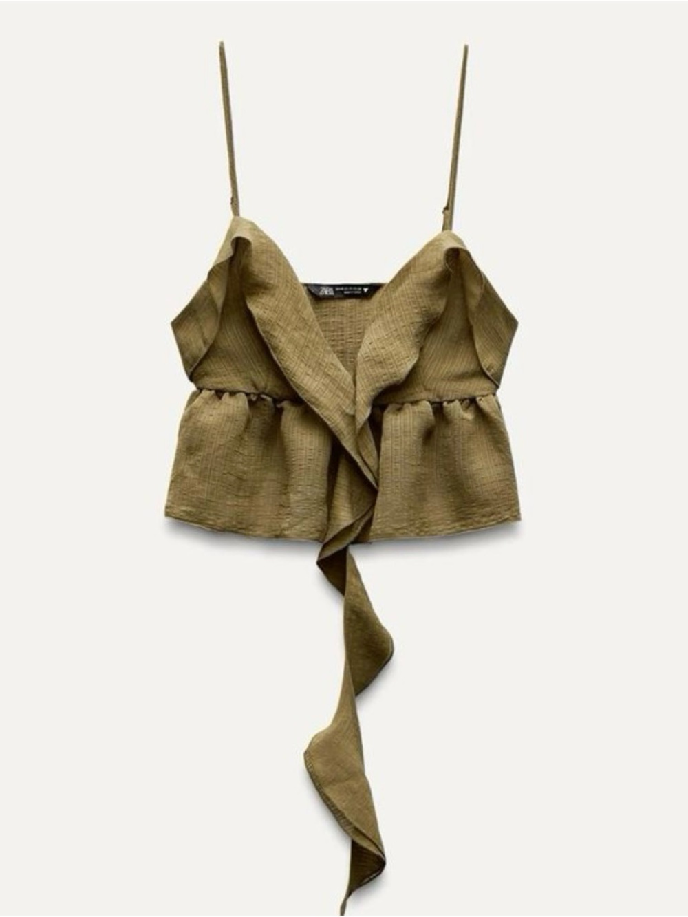 NEW Zara olive green linen ruffled tank top with spaghetti straps